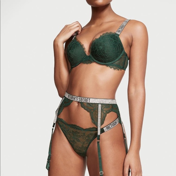 Victoria secret green envy laced shiny strap garter belt - Picture 4 of 10